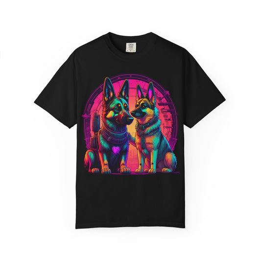 German Shepherd T-Shirt — Neon Retro Dog Duo Graphic Tee