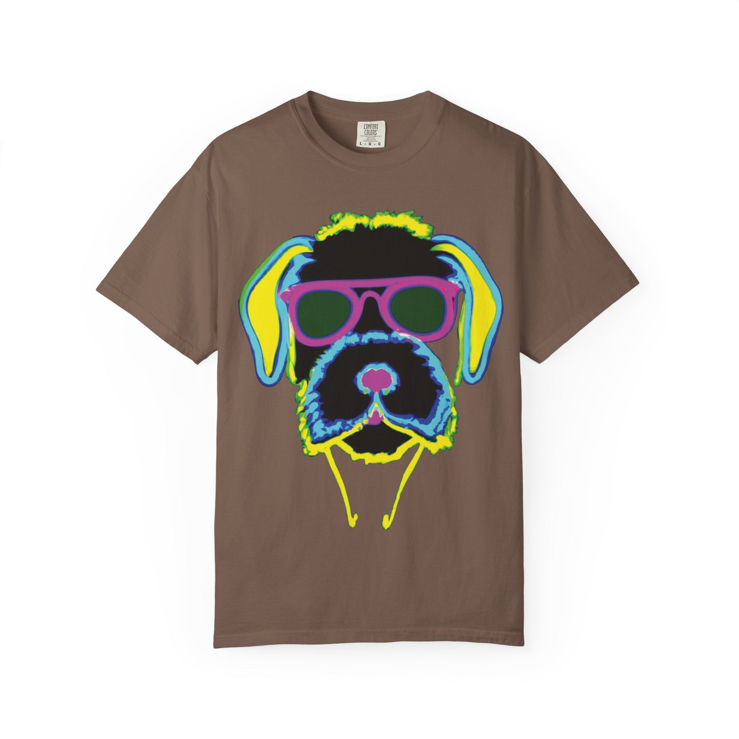 Neon Cool Dog Graphic T-Shirt — Sunglasses Pup Tee with PlurOut Backprint