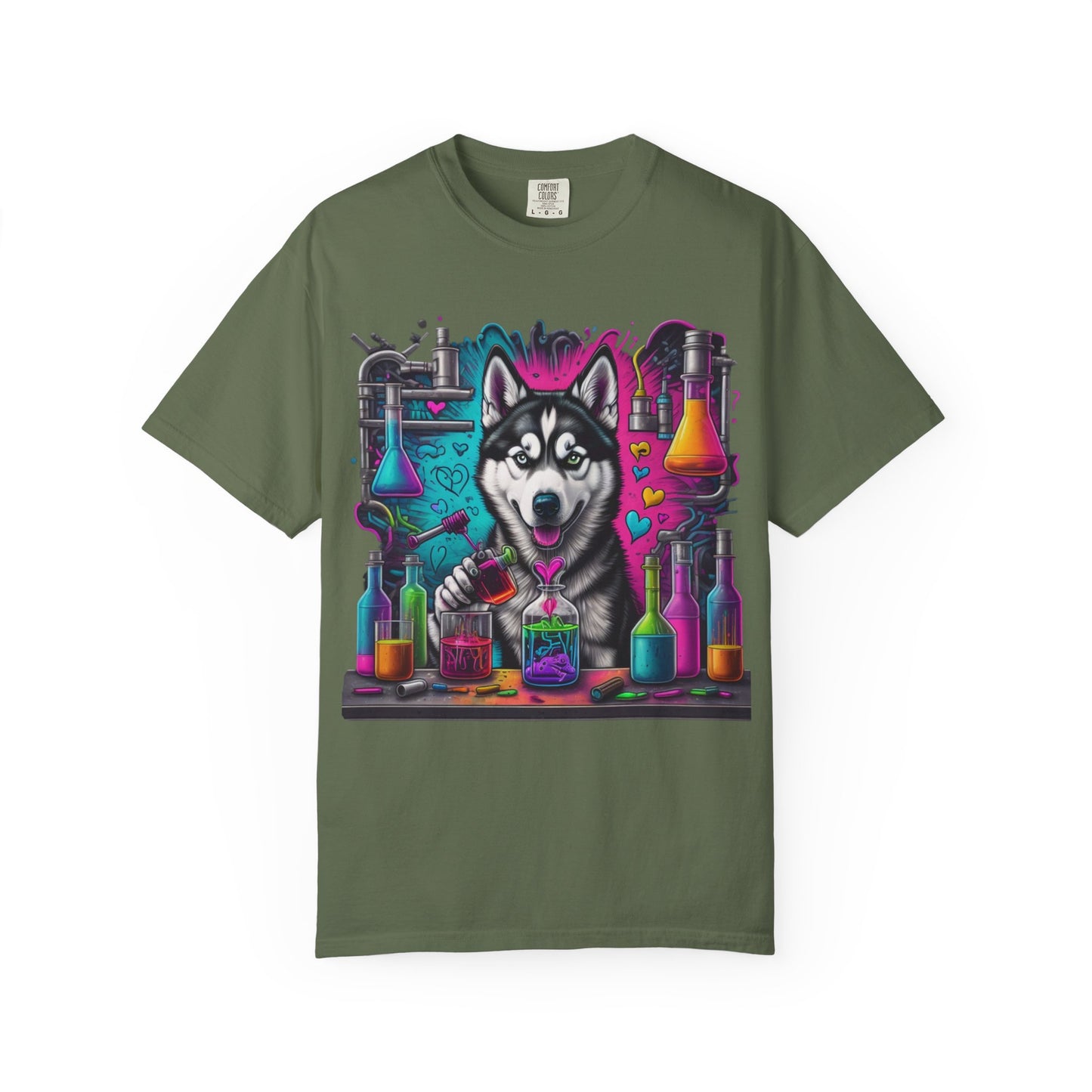 Husky Lab Graphic T-Shirt — Neon Science Dog Tee