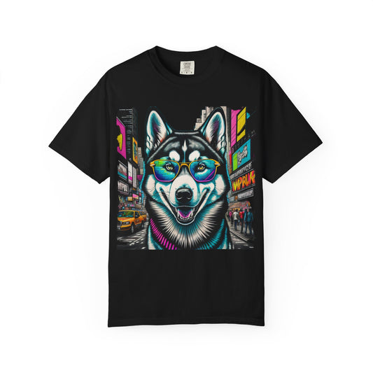 Husky City Vibes T‑Shirt — Neon Sunglasses Street Art Tee
