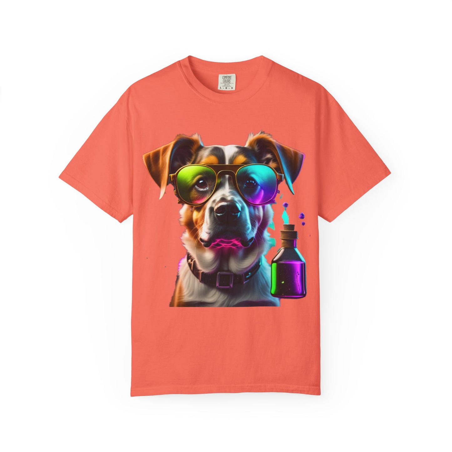 Dog Chemist Graphic T-Shirt — Colorful Lab Pup Design with 'Plurout.com' Backprint