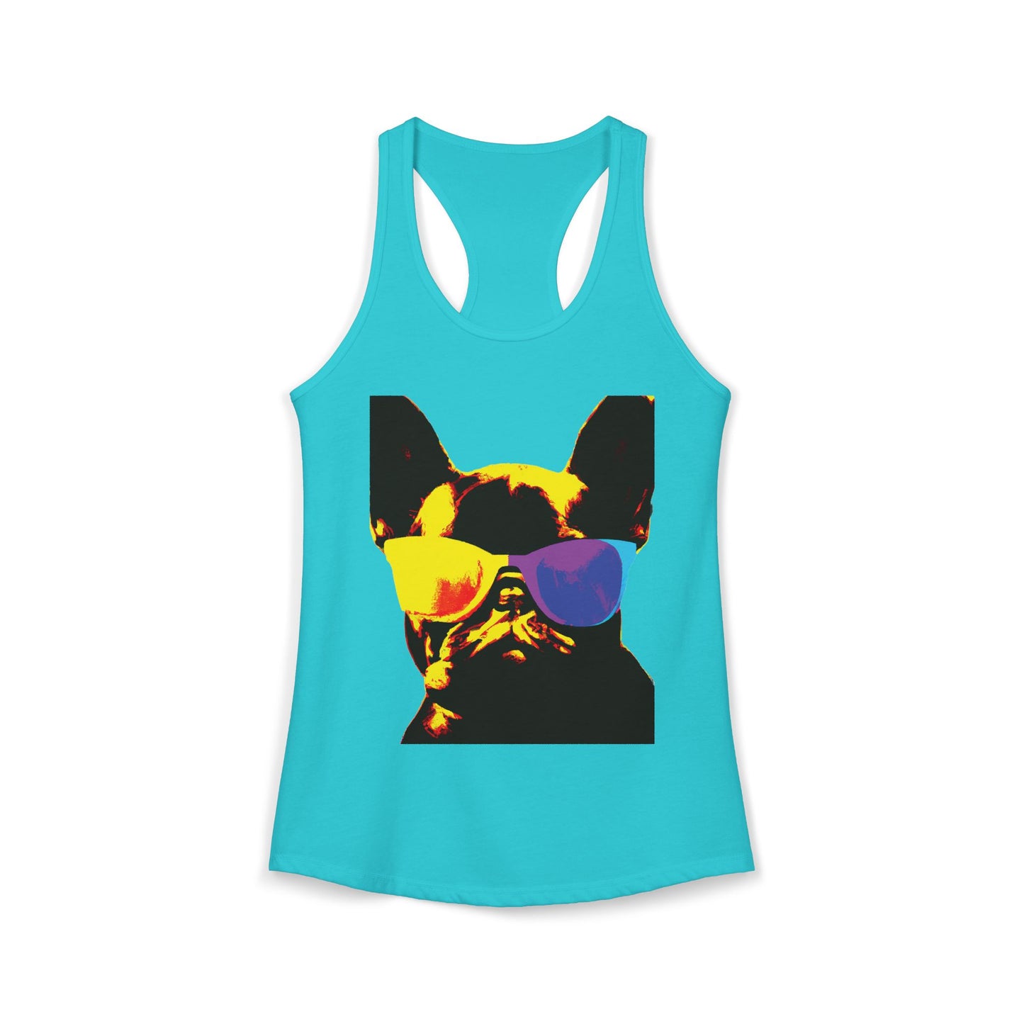Gold Frenchie Graphic Racerback Tank — "Cool Glasses" French Bulldog Design