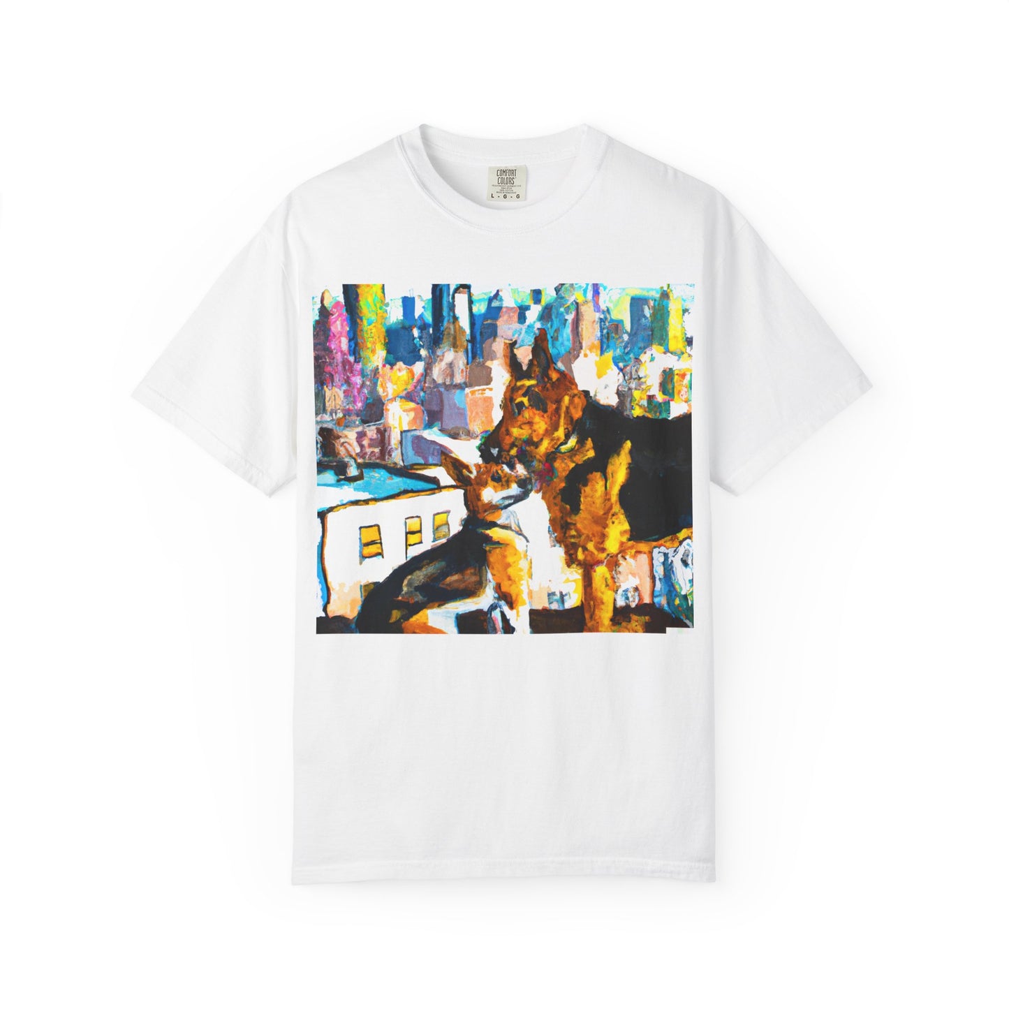 Dog Art T-Shirt — Colorful Urban Canine Print (Back Logo "PLUKOUT.com")