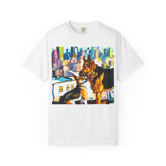 Dog Art T-Shirt — Colorful Urban Canine Print (Back Logo "PLUKOUT.com")