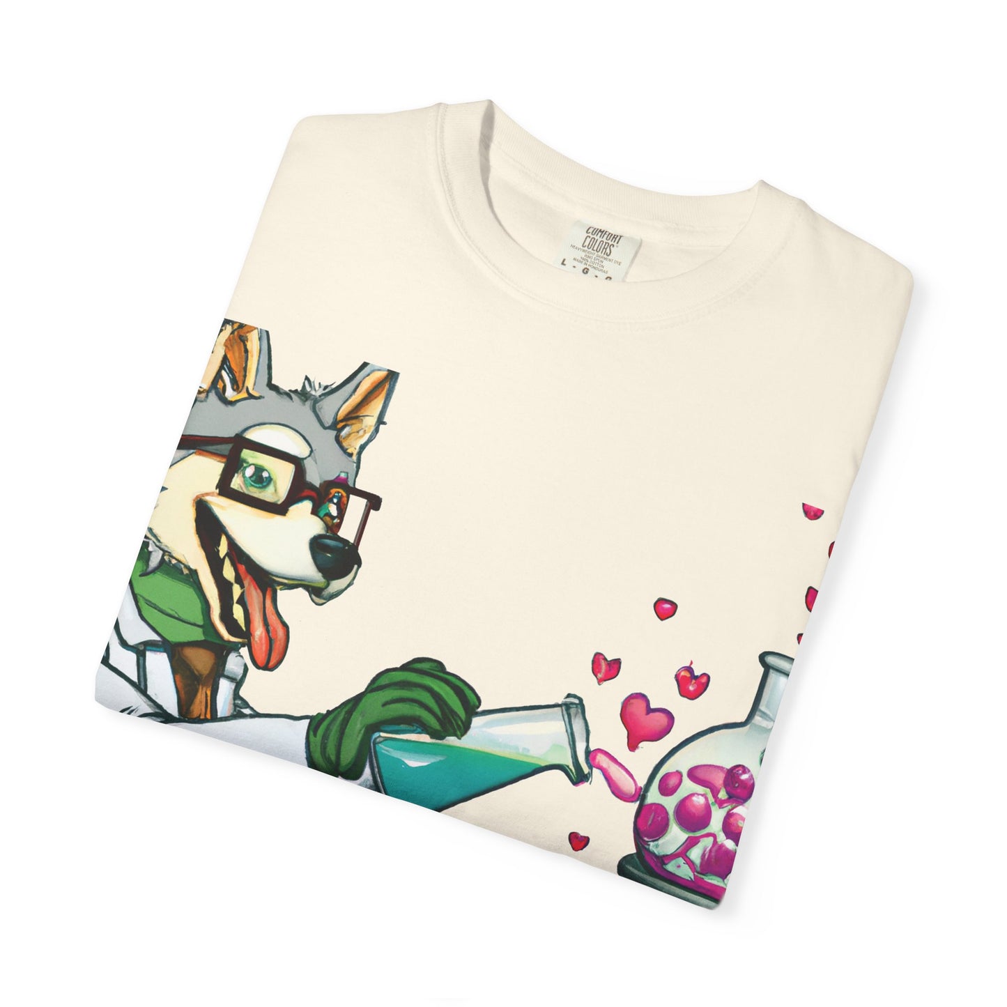 Chemist Dog T-Shirt — Cute Lab Scientist Pouring Love (Plurout.com Back Print)