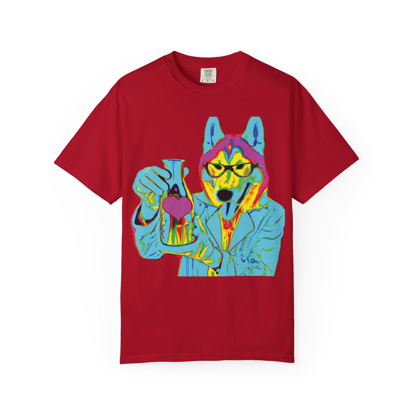 Psychedelic Husky Graphic T-Shirt — Colorful Scientist Dog Design