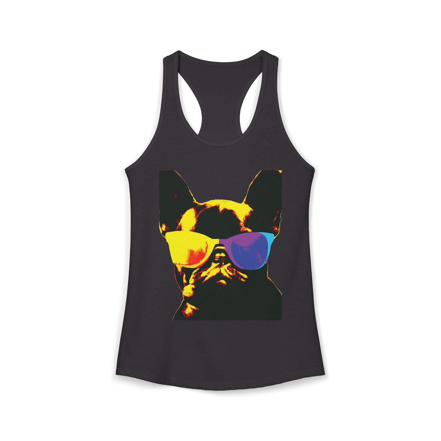 Gold Frenchie Graphic Racerback Tank — "Cool Glasses" French Bulldog Design