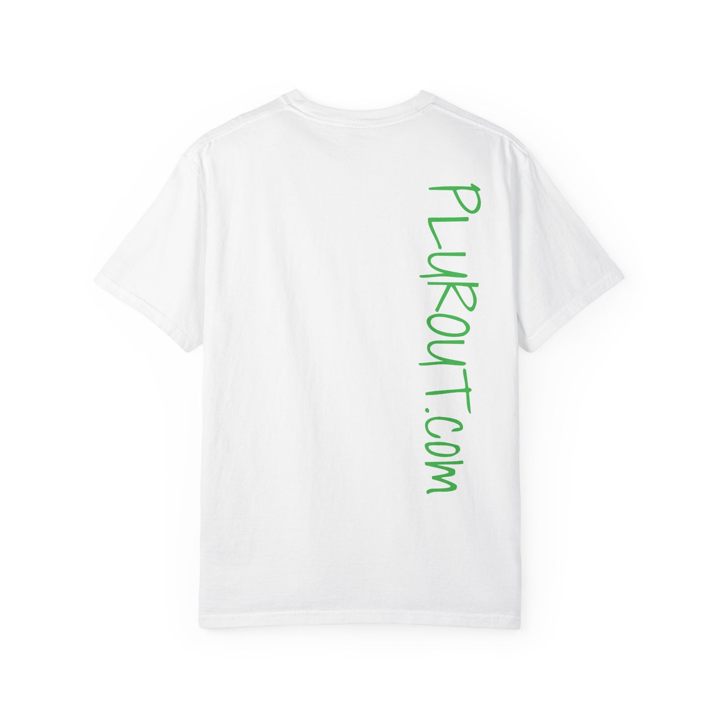 Psychedelic Cat Graphic T-Shirt — Retro Neon Cat Front + 'PLURR0UT.com' Back