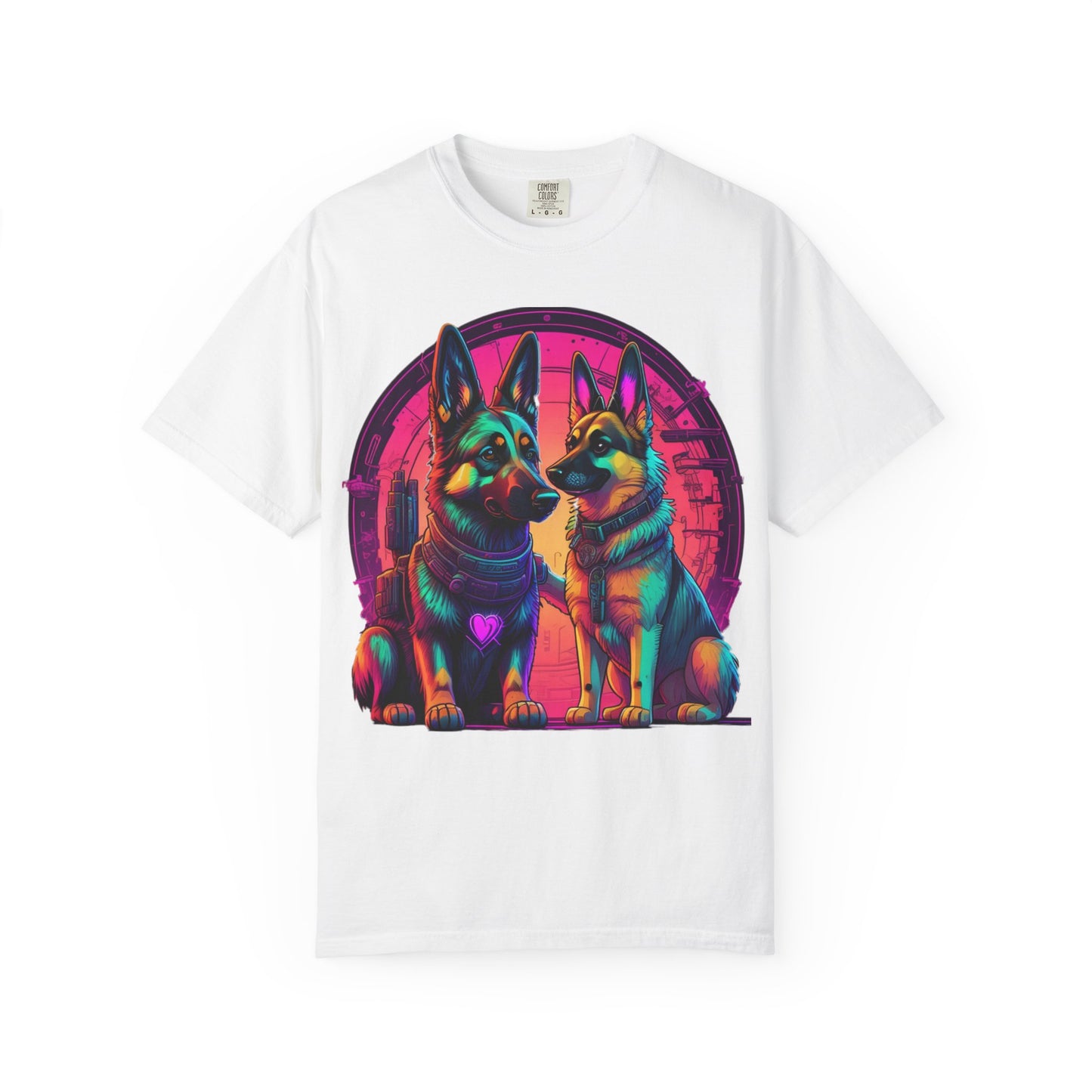 German Shepherd T-Shirt — Neon Retro Dog Duo Graphic Tee