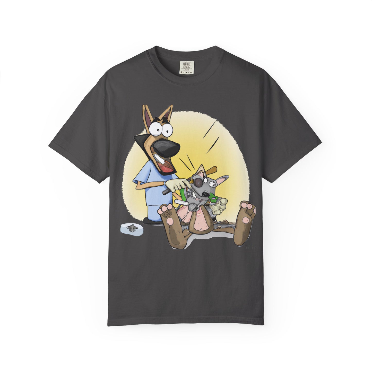 Funny Vet Dog T-Shirt — Cartoon Dog Grooming with 'PLuROUT.com' Back Print