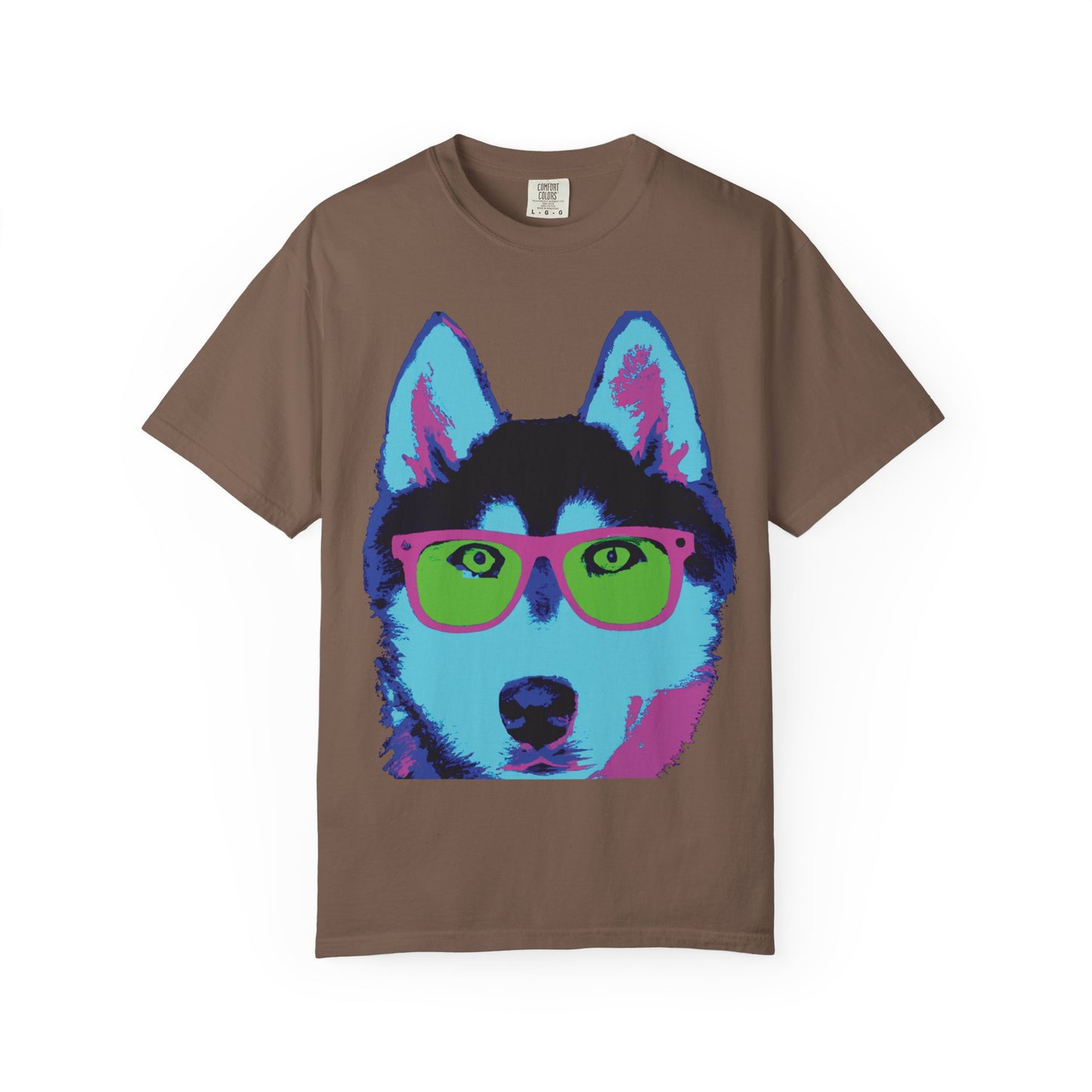 Pop Art Husky T-Shirt — Colorful Dog Face with Sunglasses, Back 'PLURout.com' Graphic