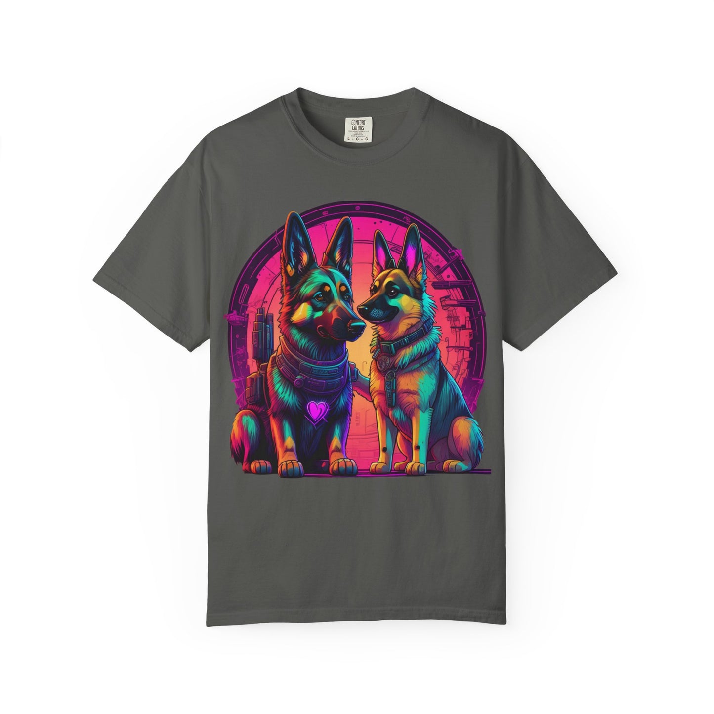 German Shepherd T-Shirt — Neon Retro Dog Duo Graphic Tee
