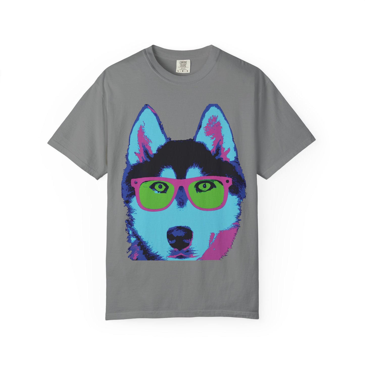 Pop Art Husky T-Shirt — Colorful Dog Face with Sunglasses, Back 'PLURout.com' Graphic