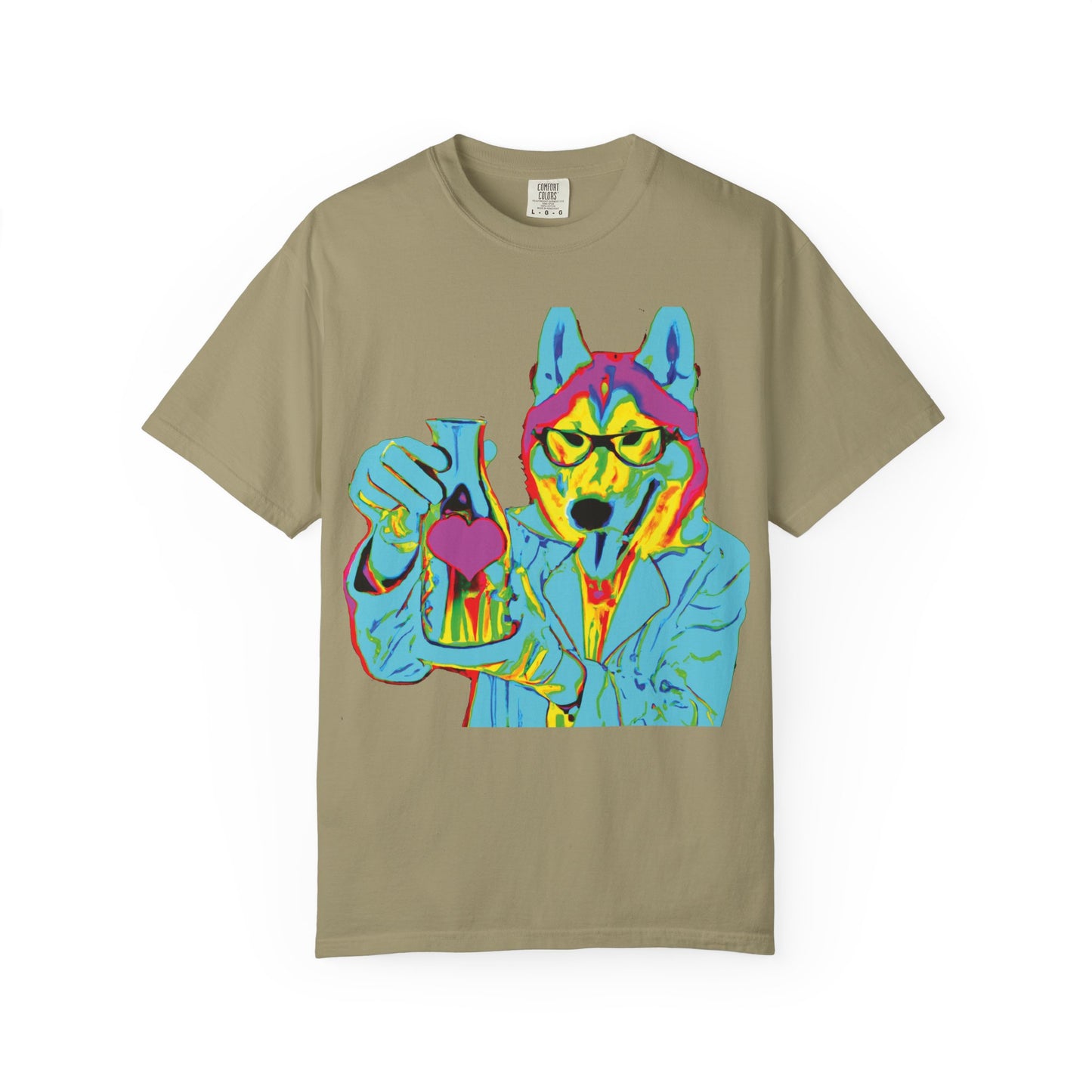 Psychedelic Husky Graphic T-Shirt — Colorful Scientist Dog Design