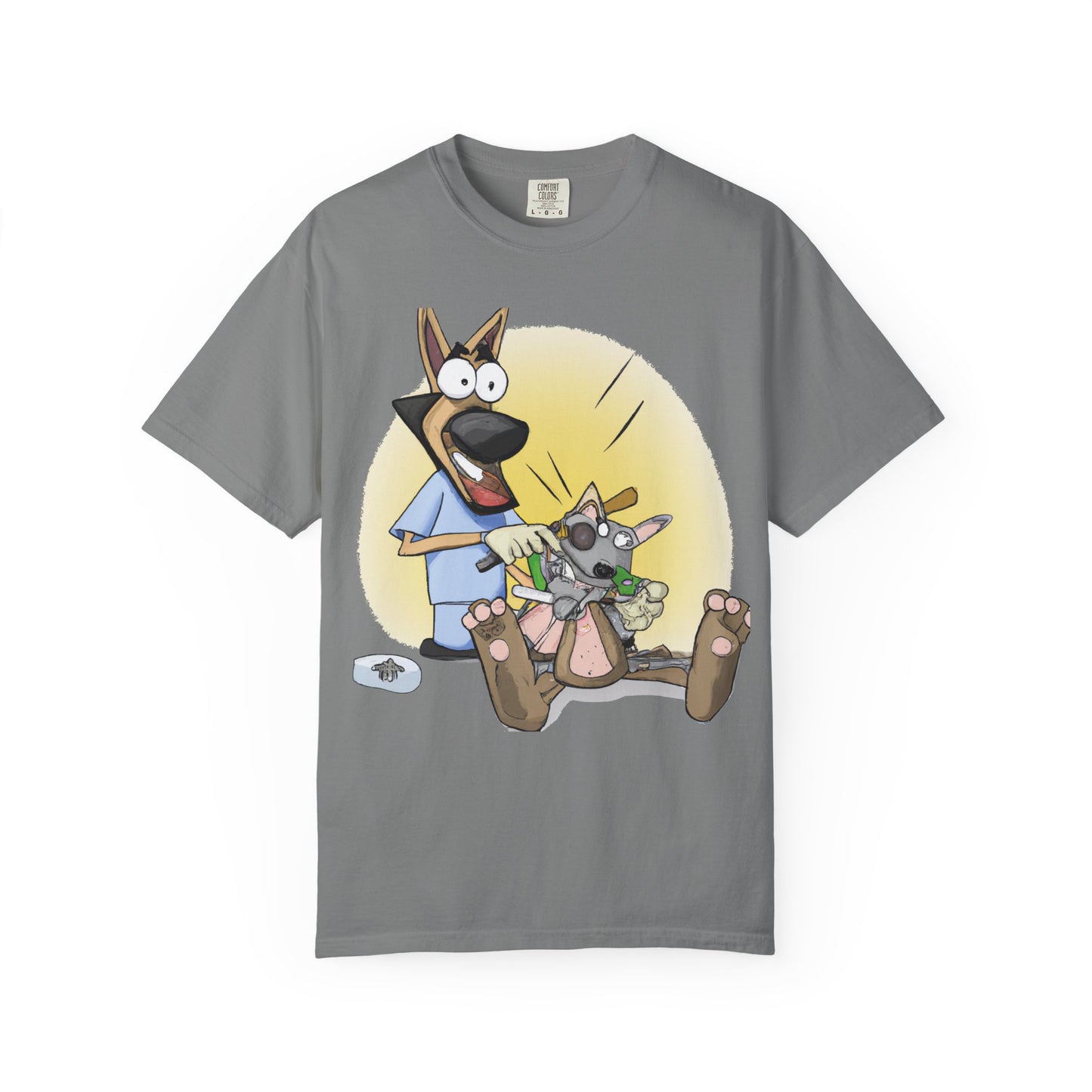 Funny Vet Dog T-Shirt — Cartoon Dog Grooming with 'PLuROUT.com' Back Print