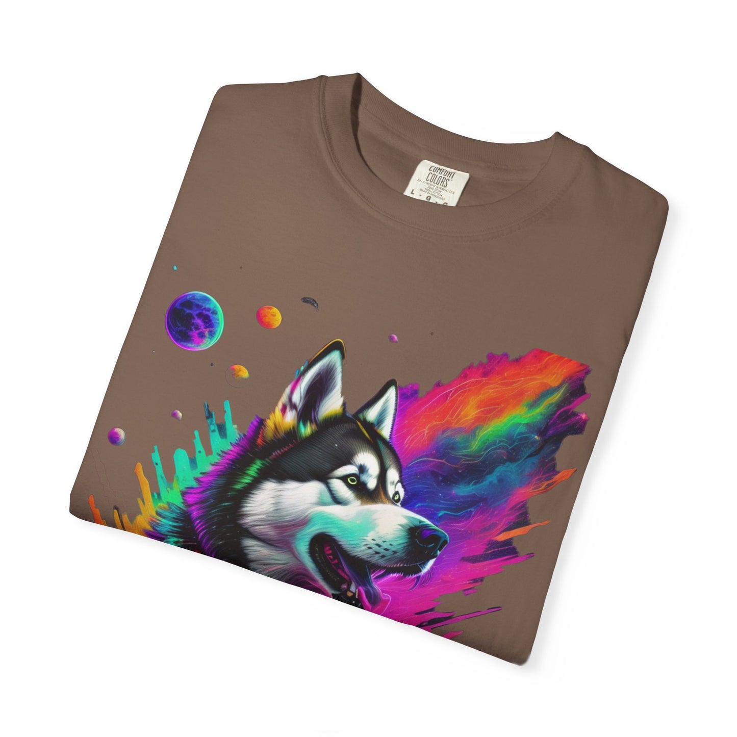 Husky Nebula T-Shirt — Colorful Cosmic Dog Art Tee