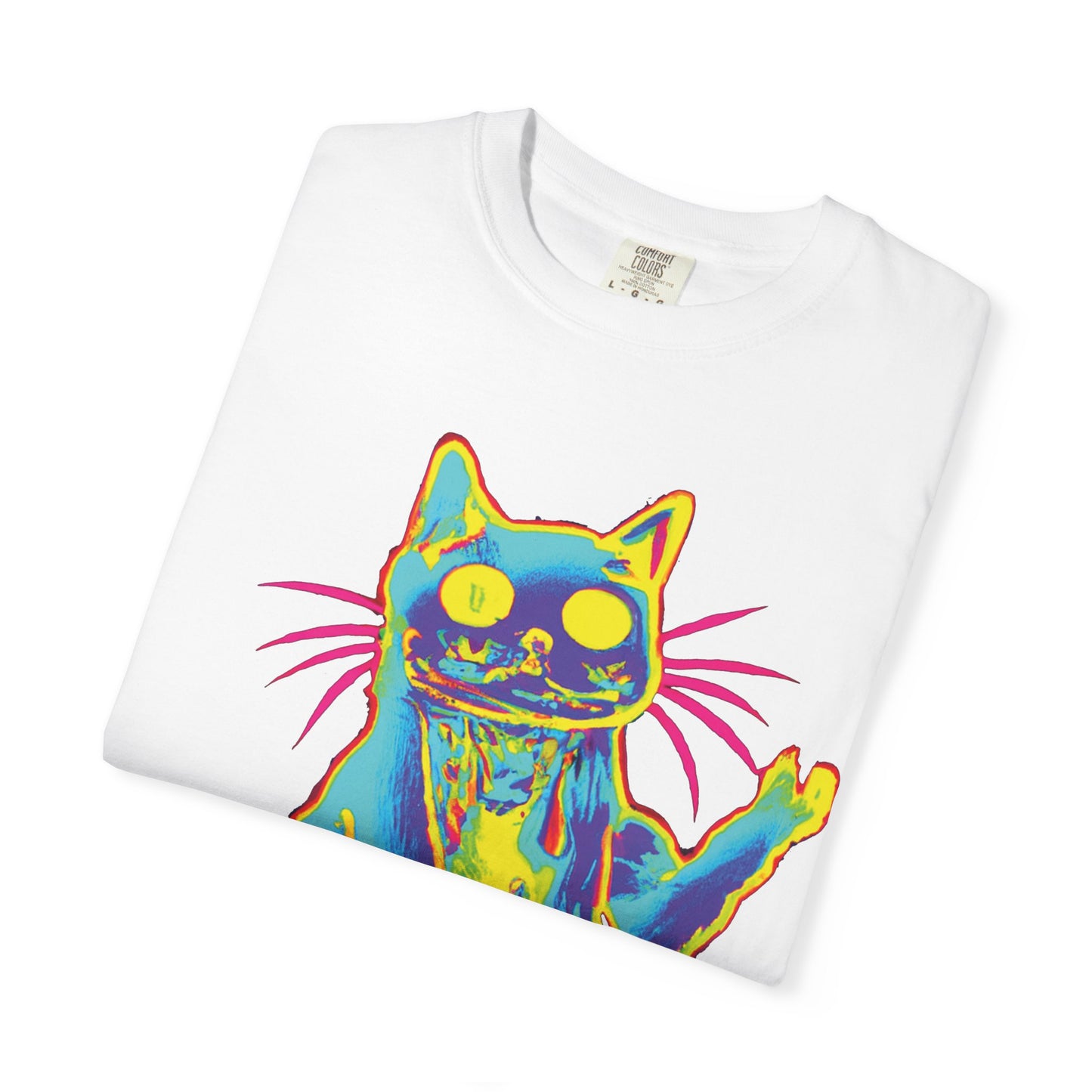 Psychedelic Cat Graphic T-Shirt — Retro Neon Cat Front + 'PLURR0UT.com' Back