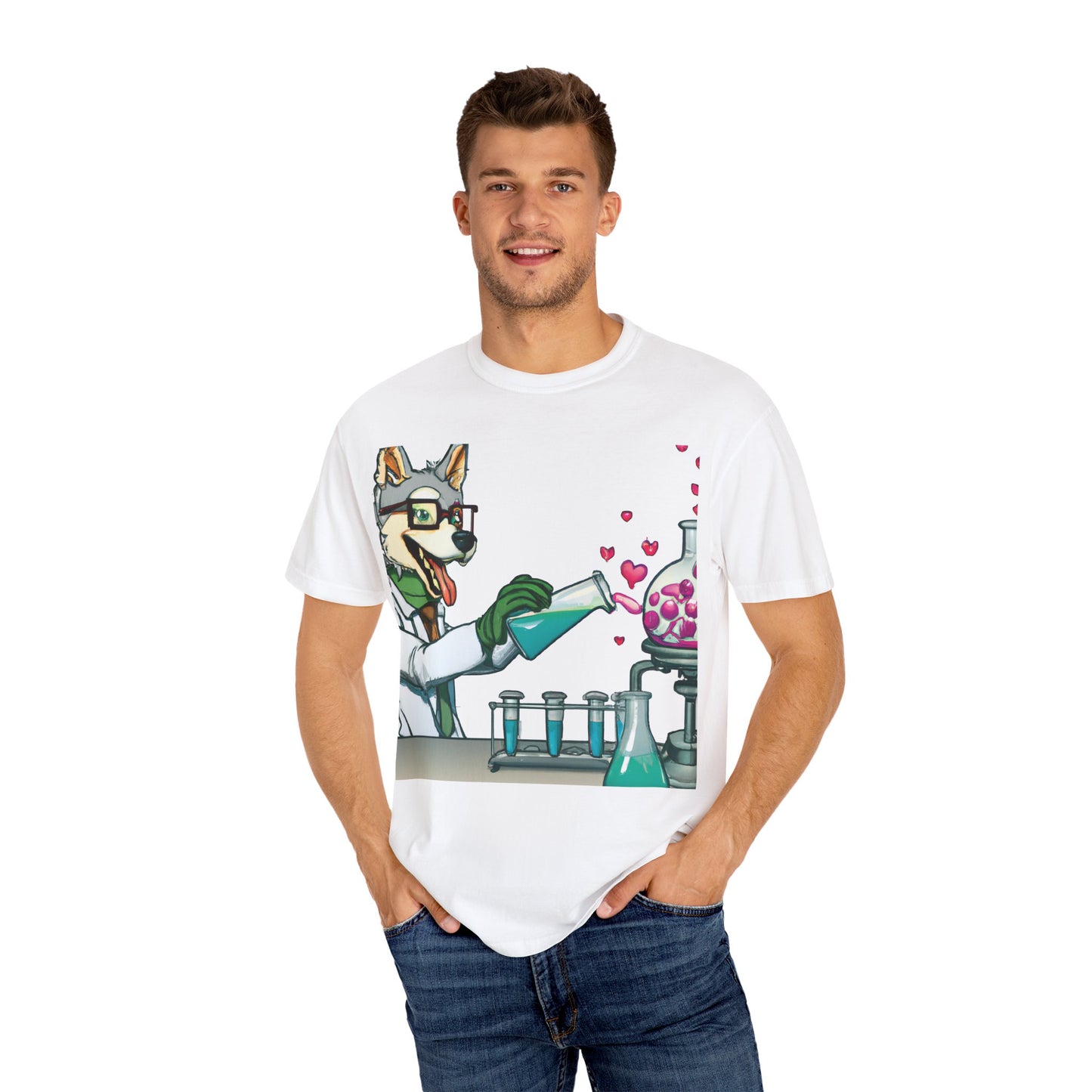 Chemist Dog T-Shirt — Cute Lab Scientist Pouring Love (Plurout.com Back Print)