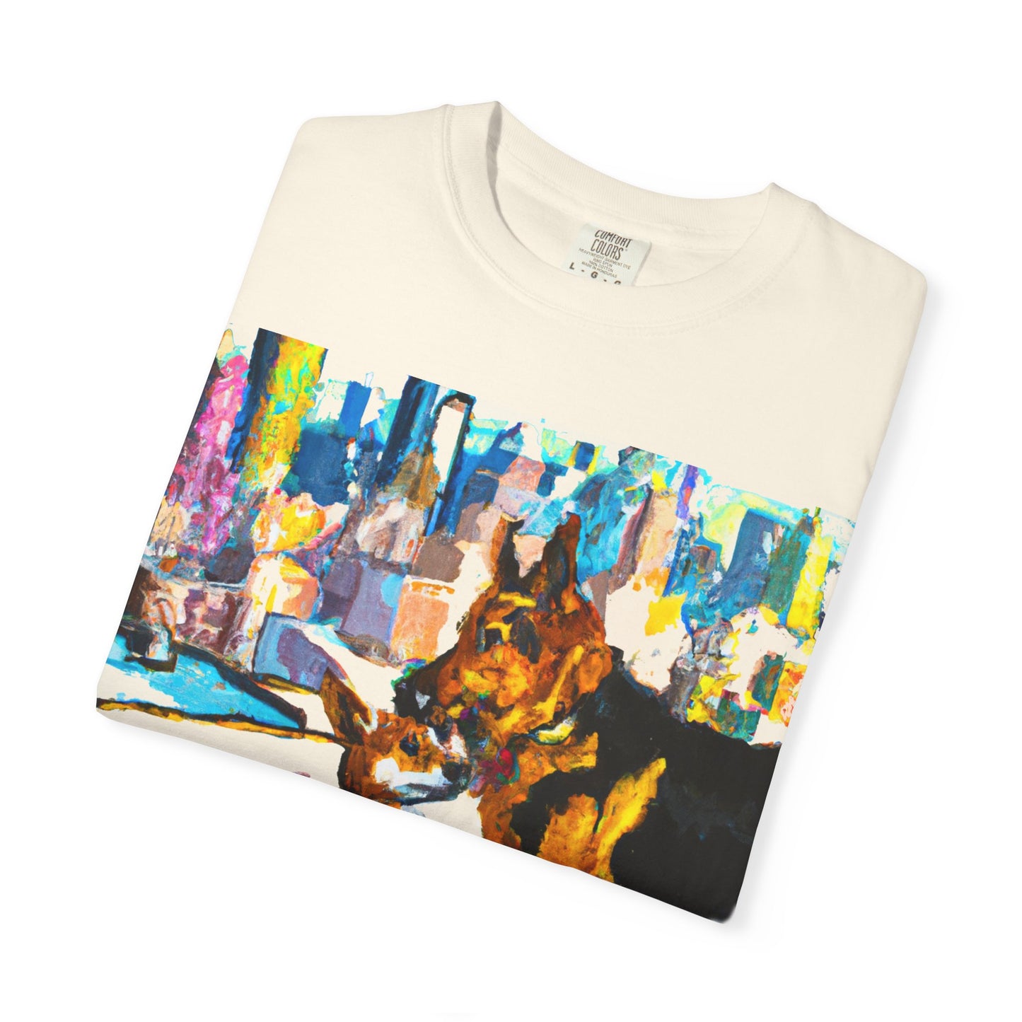 Dog Art T-Shirt — Colorful Urban Canine Print (Back Logo "PLUKOUT.com")