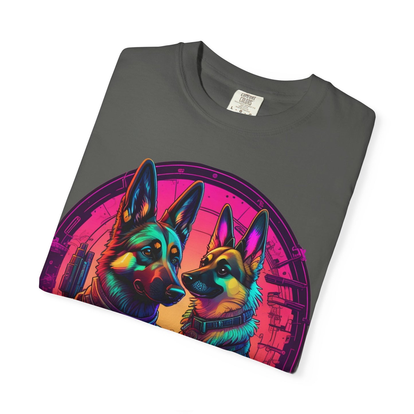 German Shepherd T-Shirt — Neon Retro Dog Duo Graphic Tee