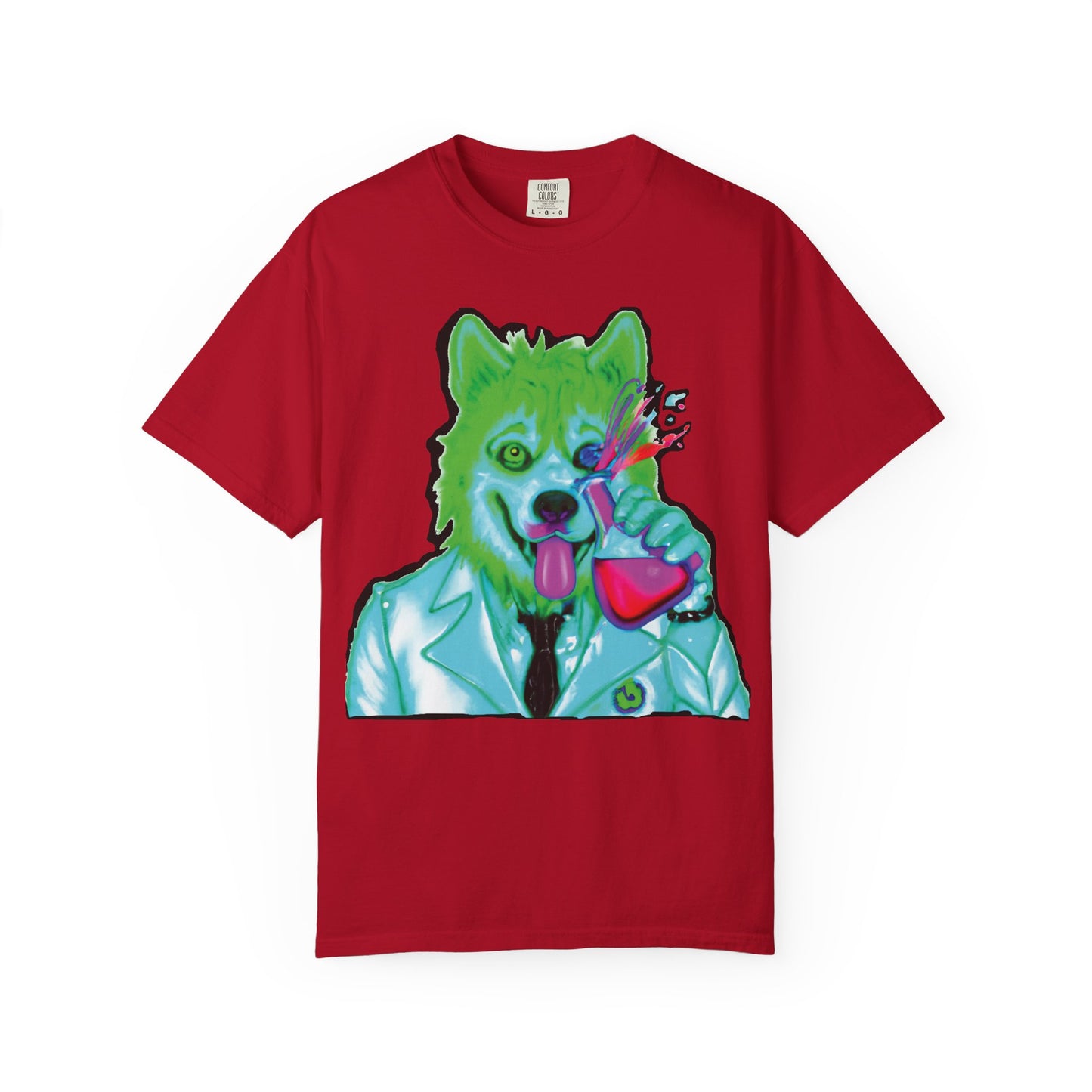 Chemist Wolf Graphic T-Shirt — Green Cartoon Animal Lab Art