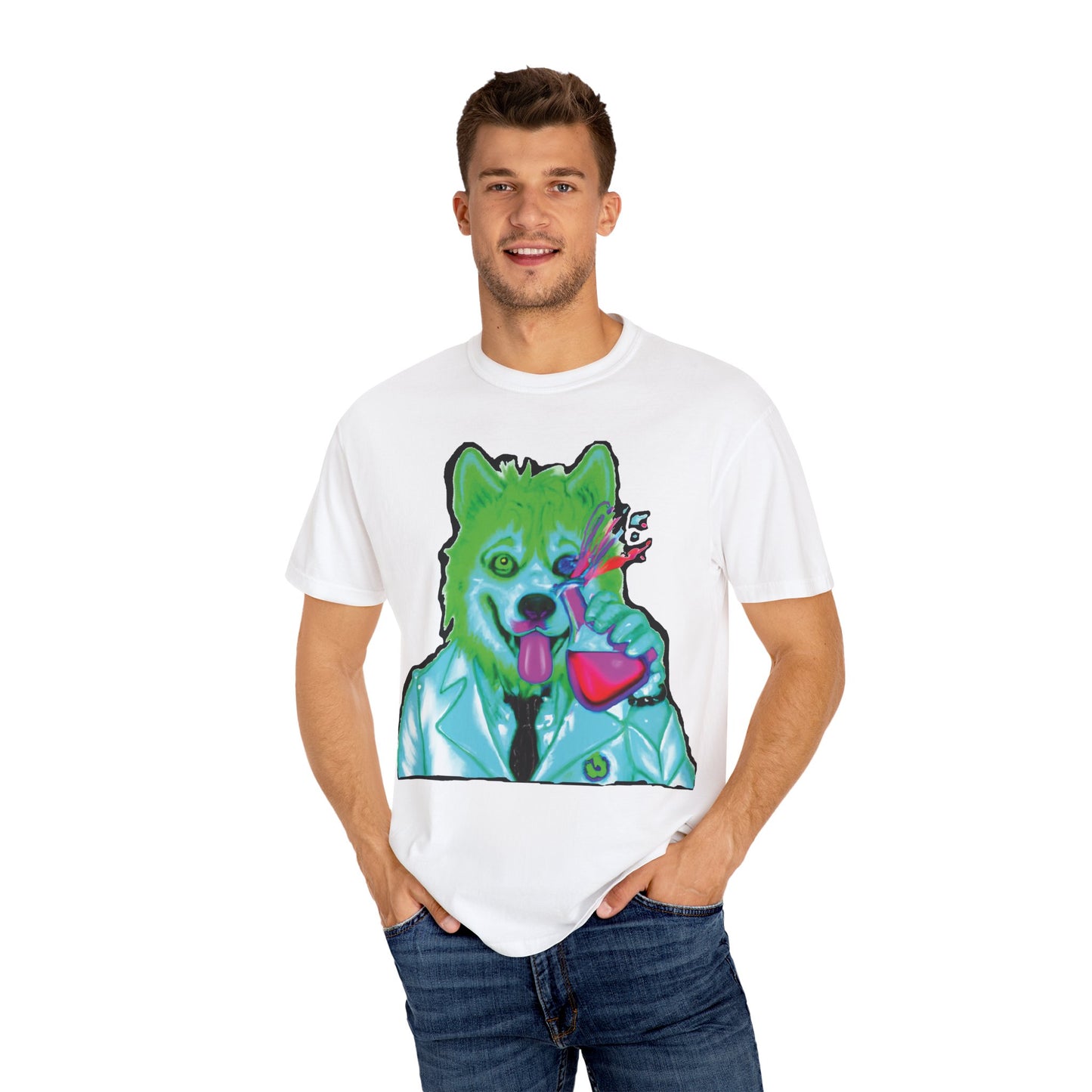 Chemist Wolf Graphic T-Shirt — Green Cartoon Animal Lab Art