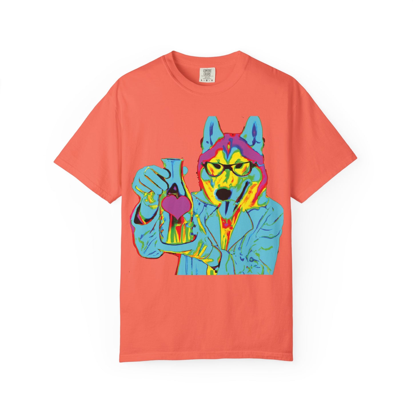 Psychedelic Husky Graphic T-Shirt — Colorful Scientist Dog Design