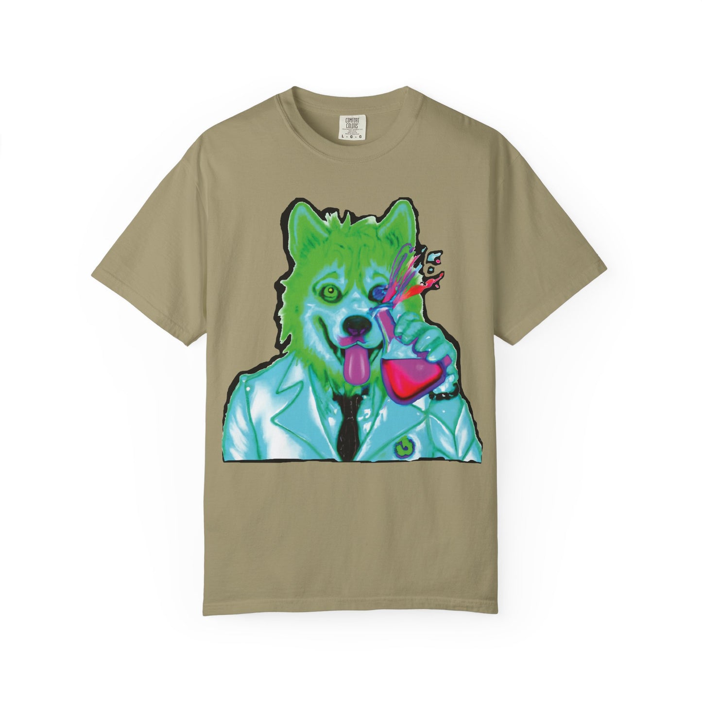 Chemist Wolf Graphic T-Shirt — Green Cartoon Animal Lab Art