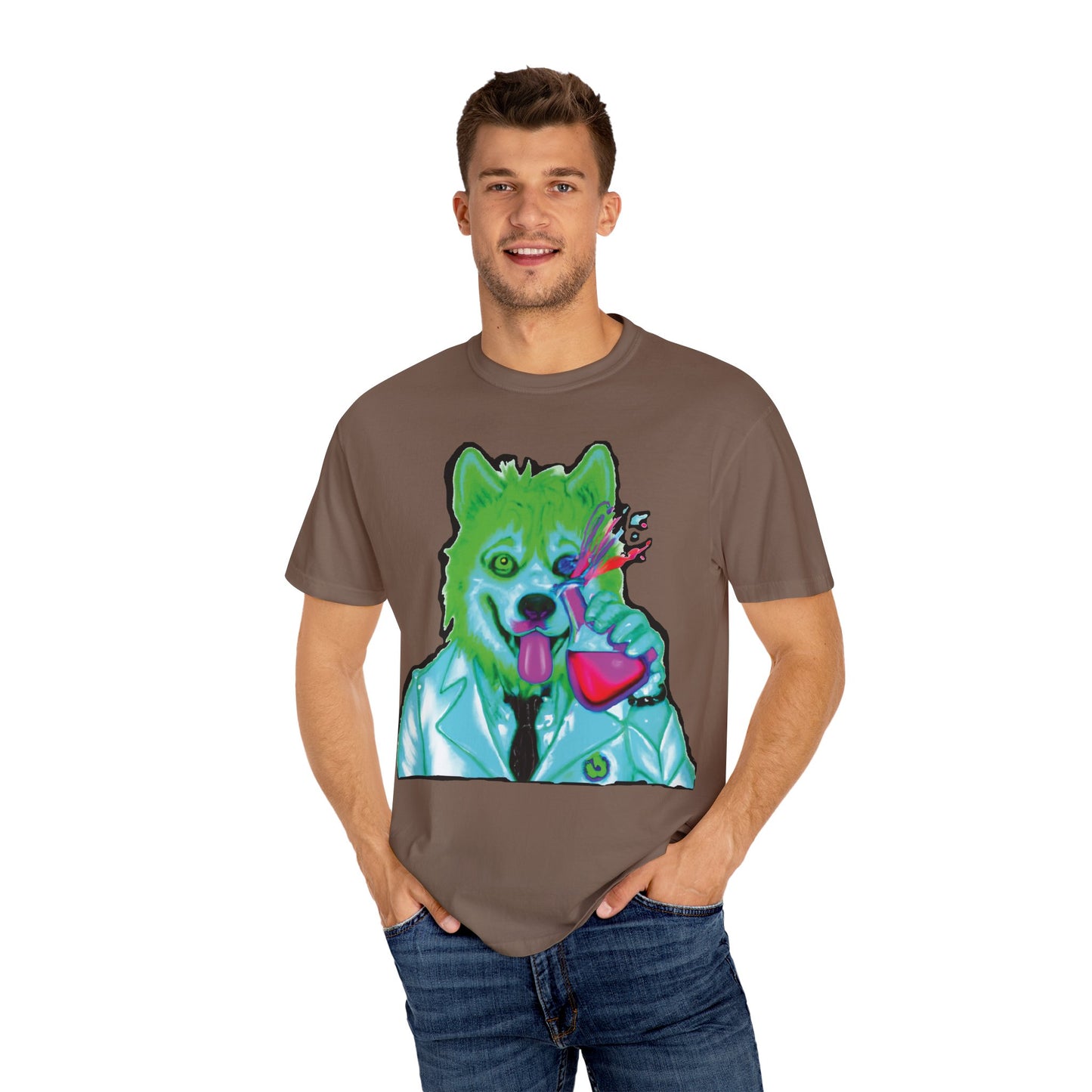 Chemist Wolf Graphic T-Shirt — Green Cartoon Animal Lab Art