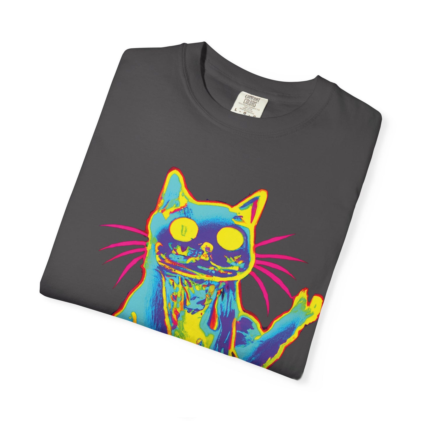 Psychedelic Cat Graphic T-Shirt — Retro Neon Cat Front + 'PLURR0UT.com' Back