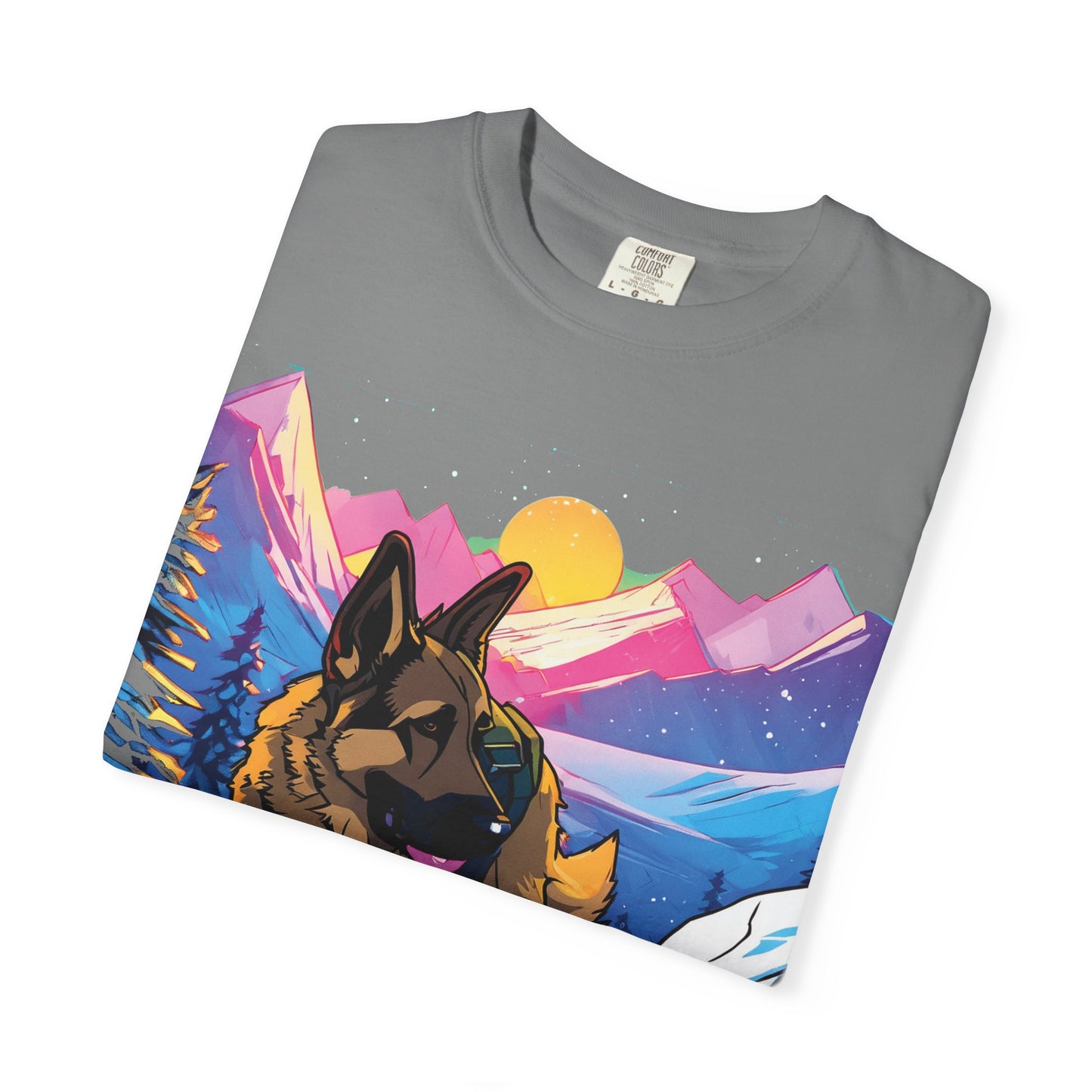 German Shepherd Mountain Sunset T-Shirt — Scenic Dog Graphic Tee