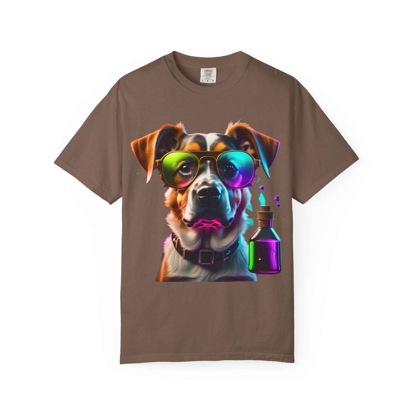 Dog Chemist Graphic T-Shirt — Colorful Lab Pup Design with 'Plurout.com' Backprint