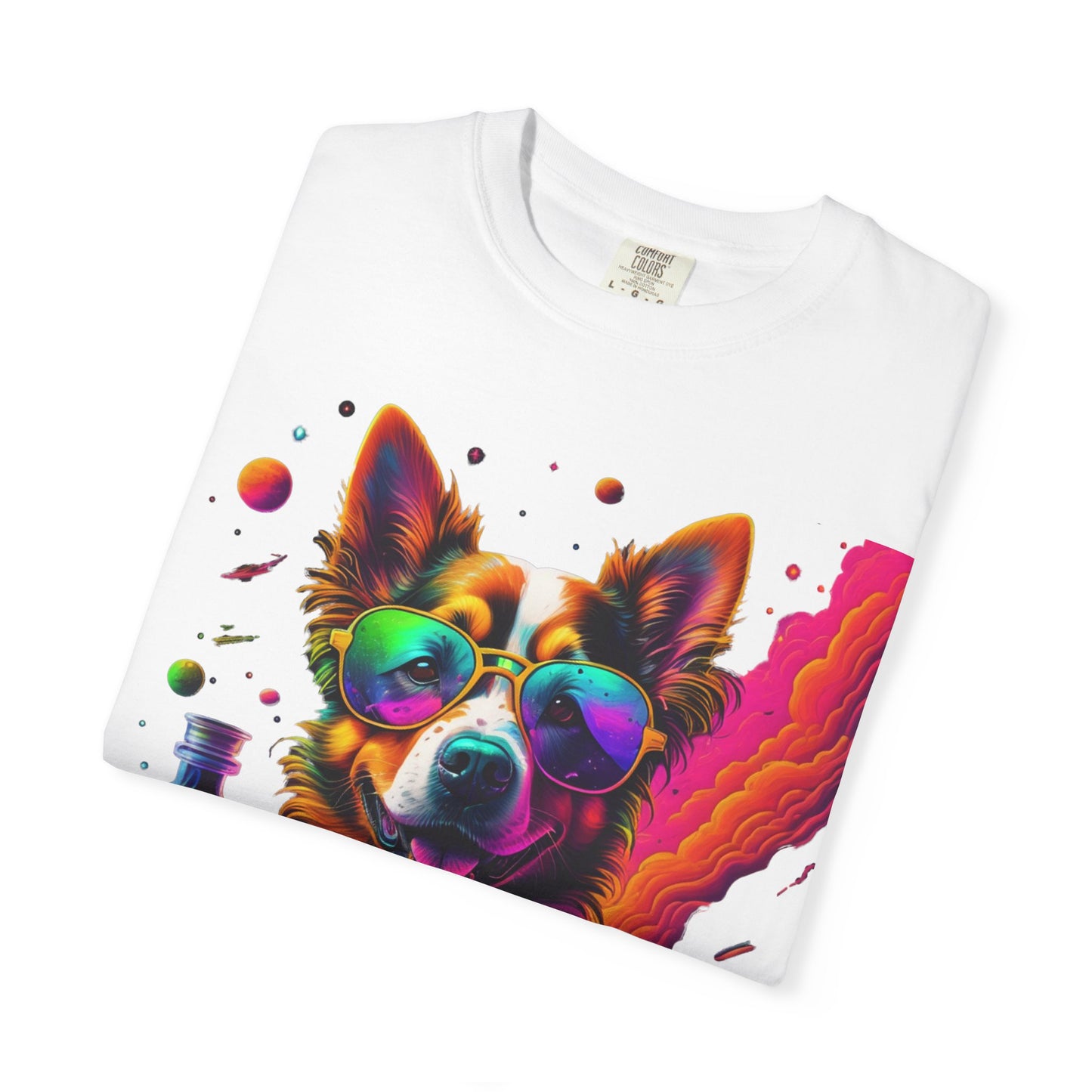 Psychedelic Dog Graphic Tee — Colorful Sunglasses Pup Print