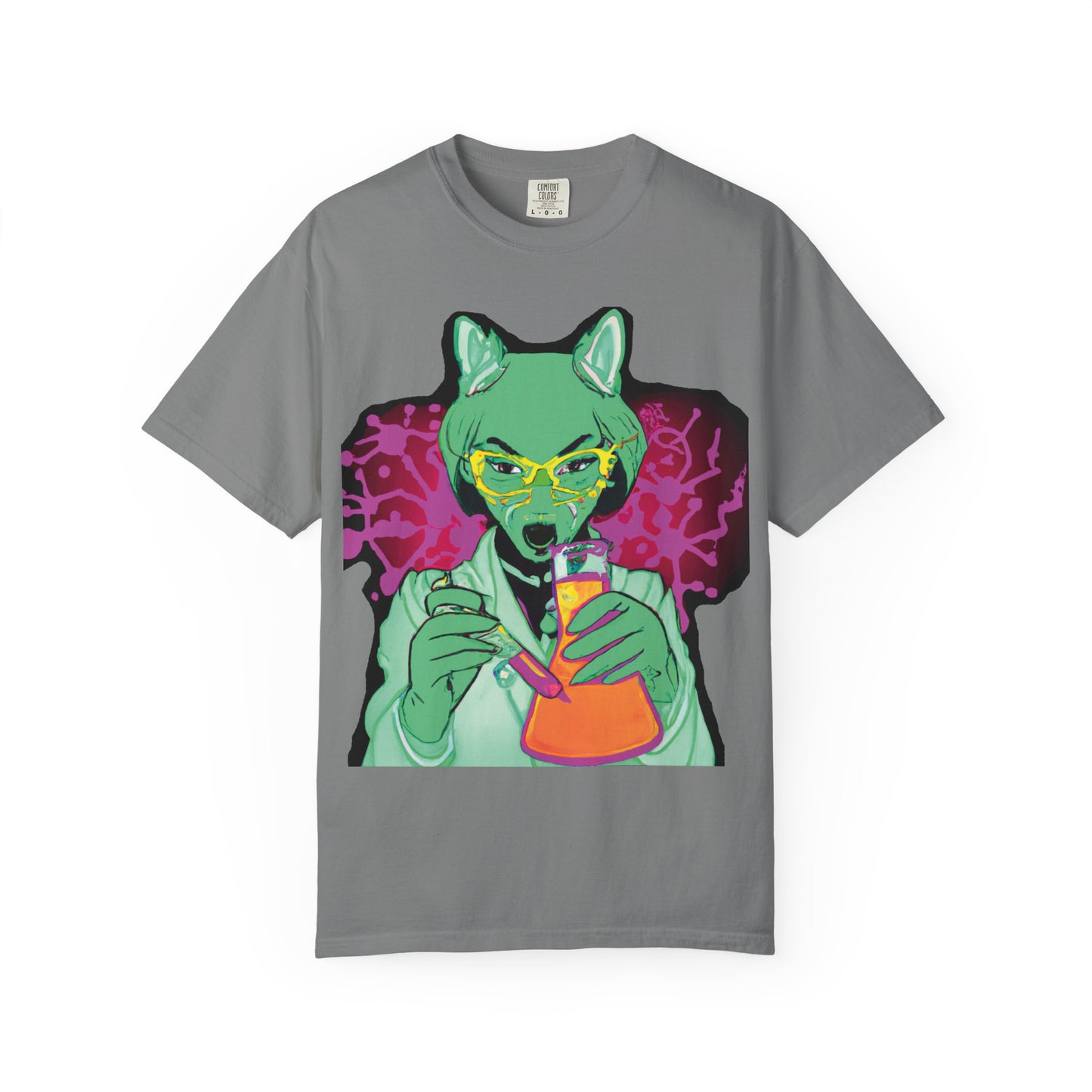 Psychedelic Fox Chemist T-Shirt — Green Fox with Beaker Graphic