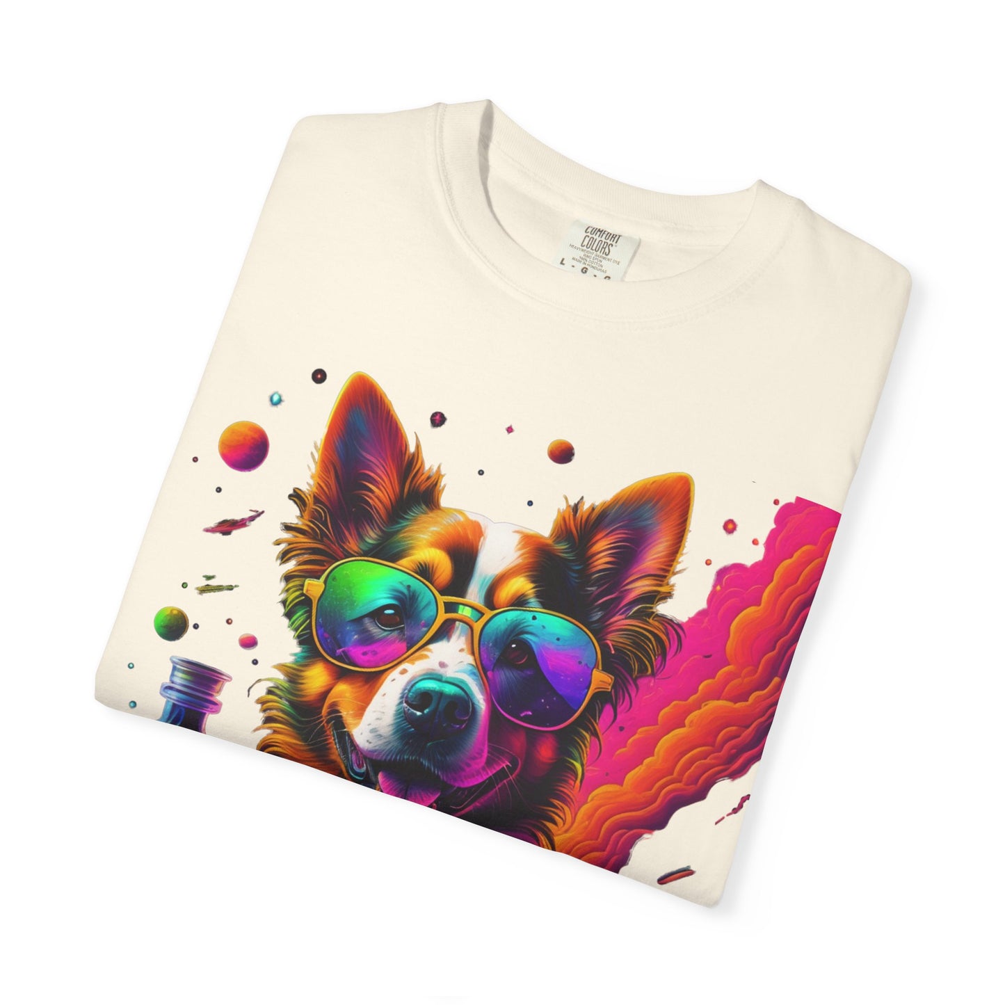 Psychedelic Dog Graphic Tee — Colorful Sunglasses Pup Print