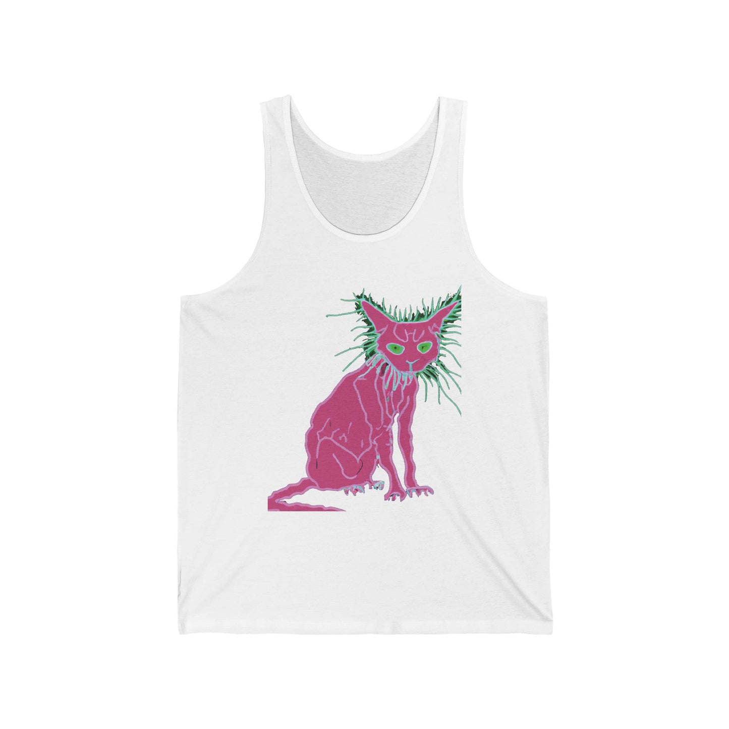 Sphynx Cat Neon Graphic Tank Top — Retro Pink & Green Hairless Cat Design