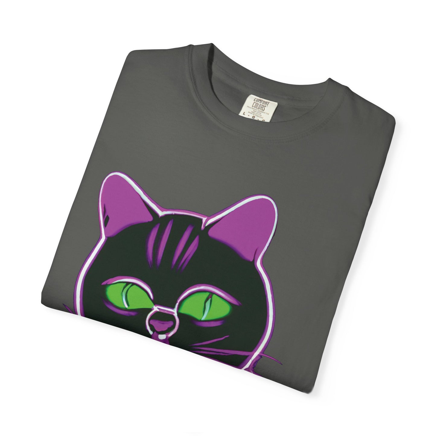 Neon Black Cat Graphic T-Shirt — Glow Green/Purple Cat Tee