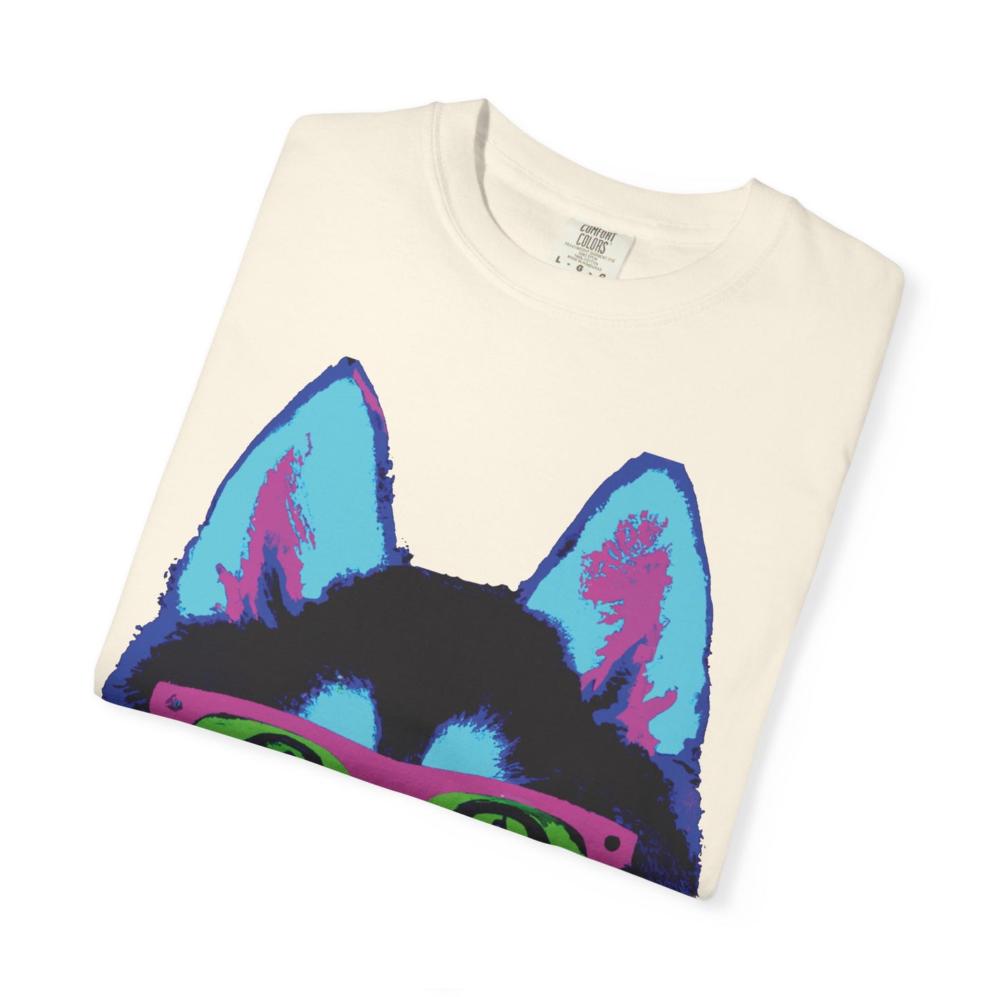 Pop Art Husky T-Shirt — Colorful Dog Face with Sunglasses, Back 'PLURout.com' Graphic