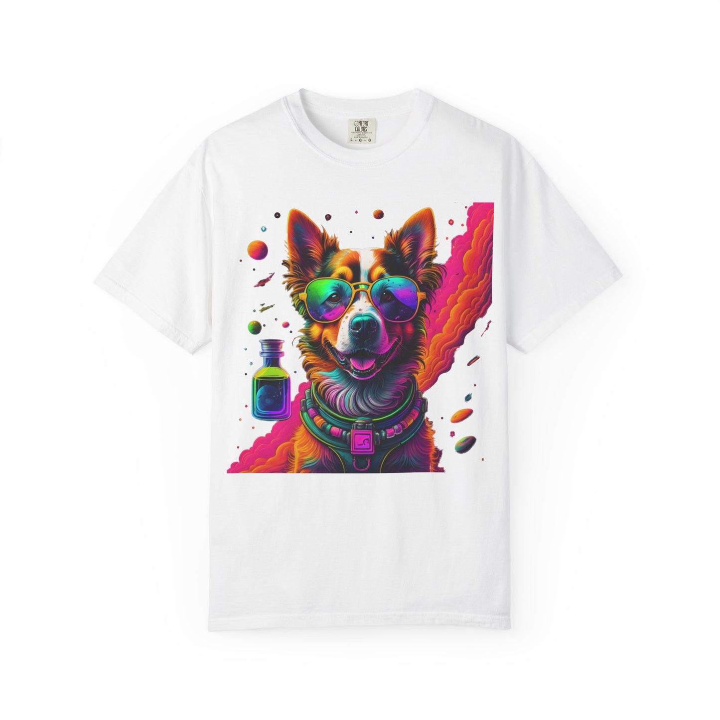 Psychedelic Dog Graphic Tee — Colorful Sunglasses Pup Print
