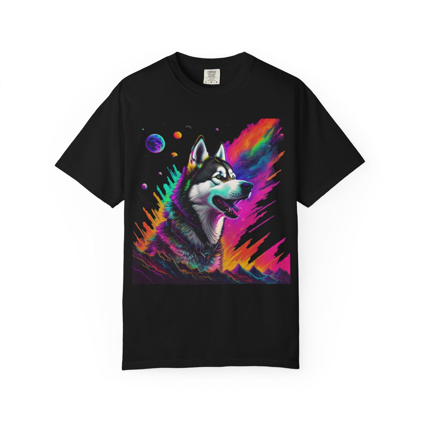 Husky Nebula T-Shirt — Colorful Cosmic Dog Art Tee
