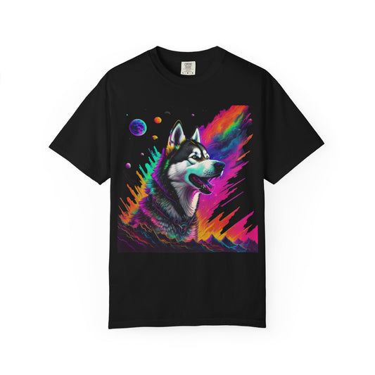 Husky Nebula T-Shirt — Colorful Cosmic Dog Art Tee