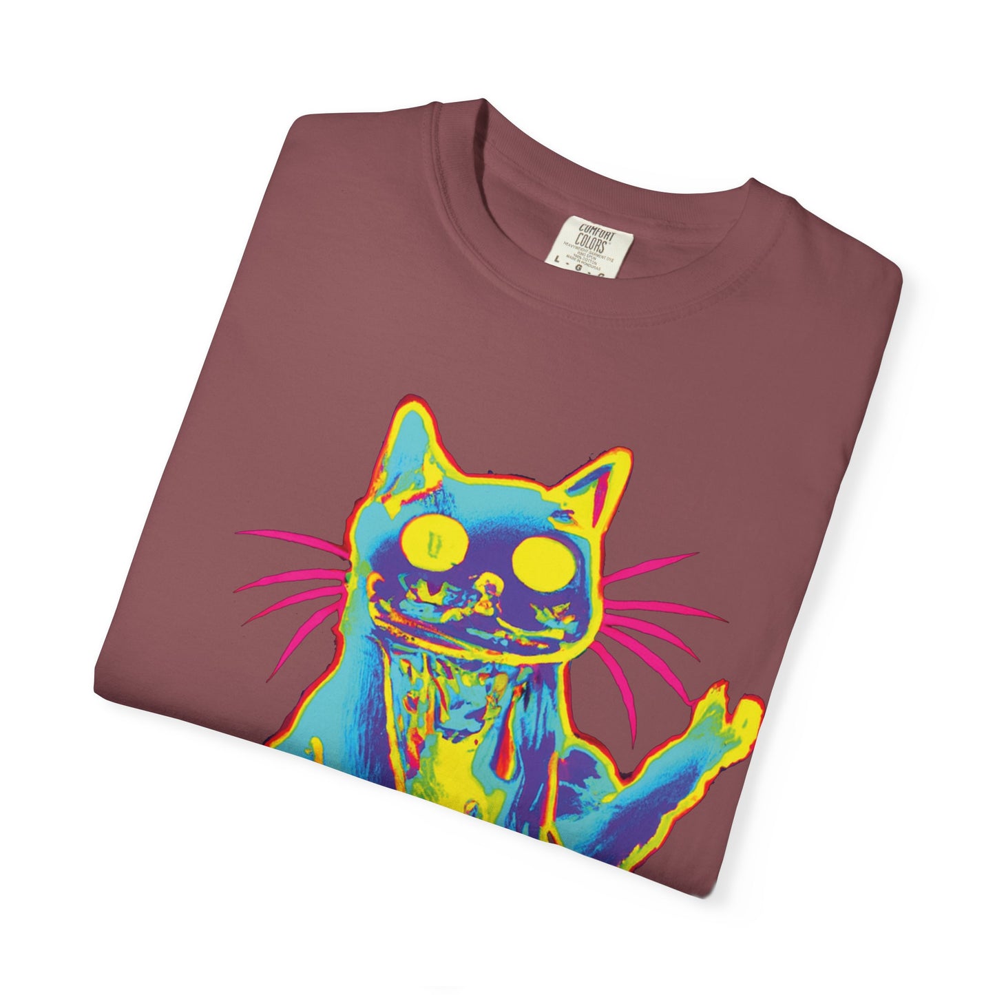 Psychedelic Cat Graphic T-Shirt — Retro Neon Cat Front + 'PLURR0UT.com' Back