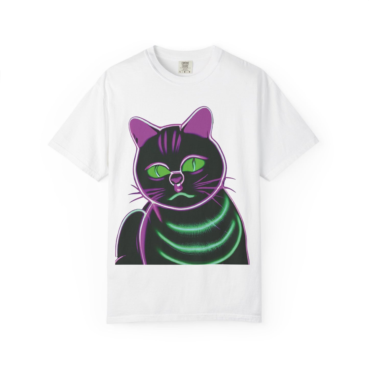 Neon Black Cat Graphic T-Shirt — Glow Green/Purple Cat Tee