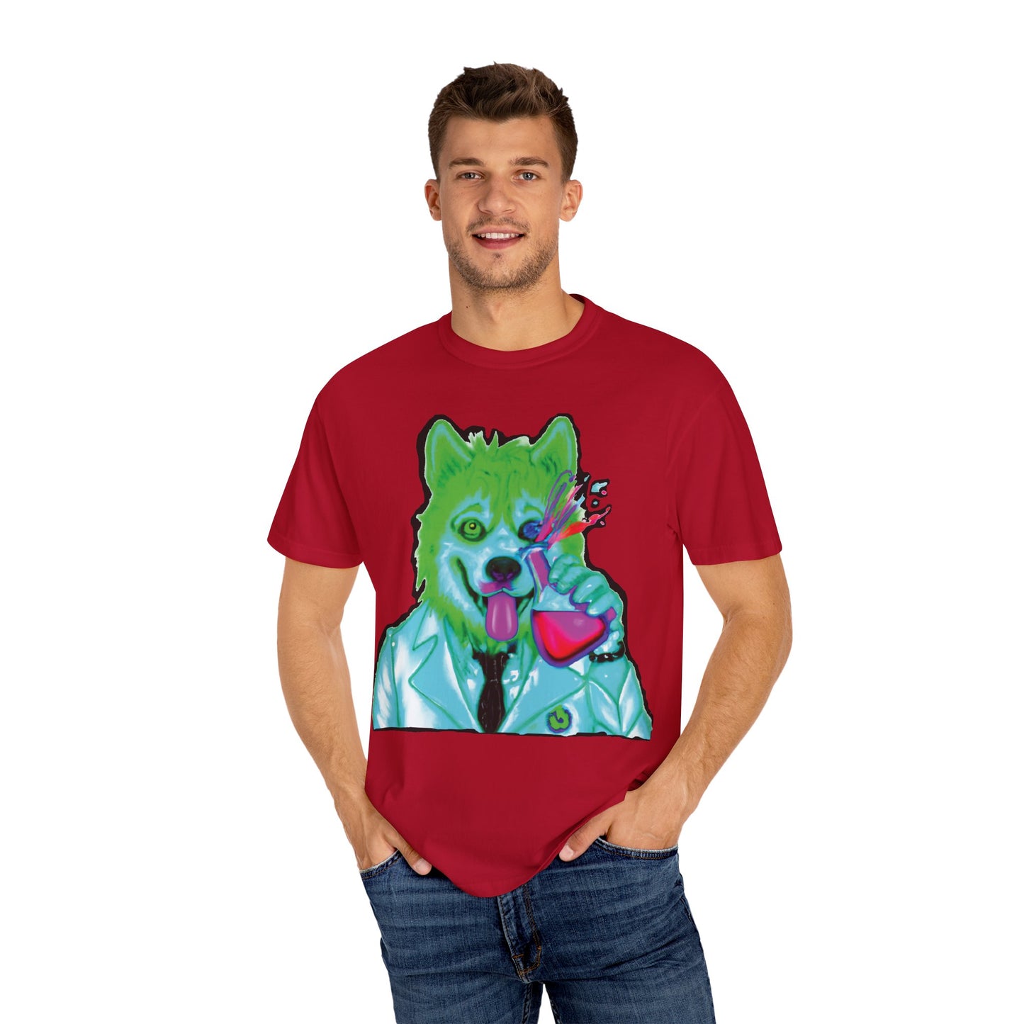 Chemist Wolf Graphic T-Shirt — Green Cartoon Animal Lab Art