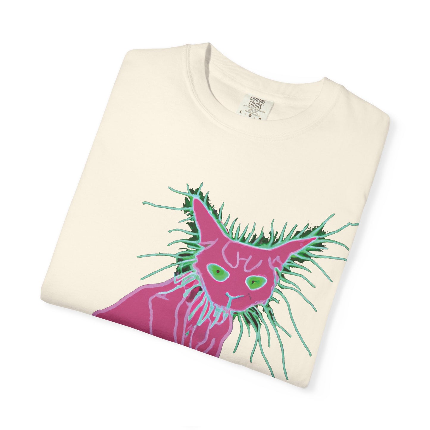 Sphynx Cat Graphic T-Shirt — Neon Pink & Green Punk Cat Design