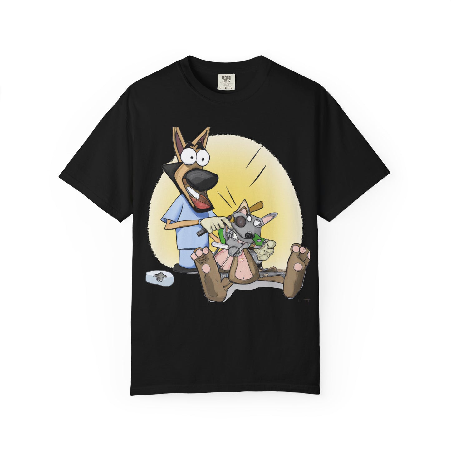Funny Vet Dog T-Shirt — Cartoon Dog Grooming with 'PLuROUT.com' Back Print