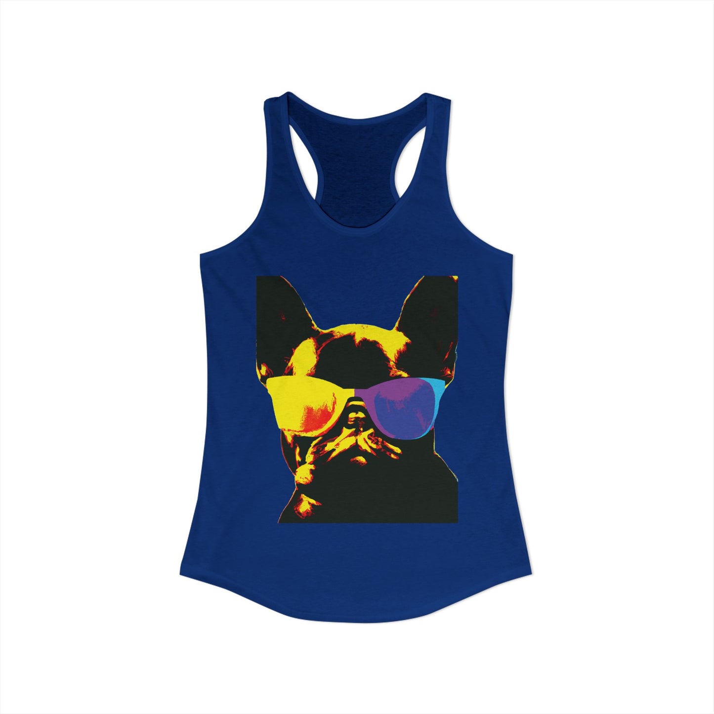 Gold Frenchie Graphic Racerback Tank — "Cool Glasses" French Bulldog Design