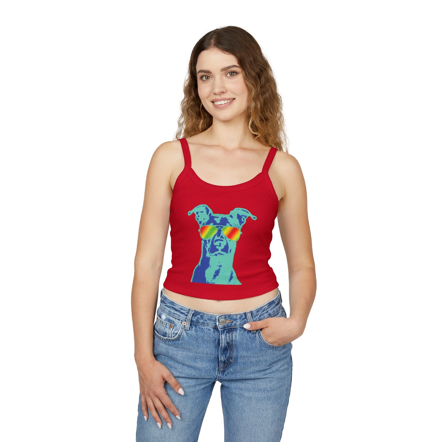 Dog Sunglasses Crop Tank Top — Colorful Summer Pup Graphic