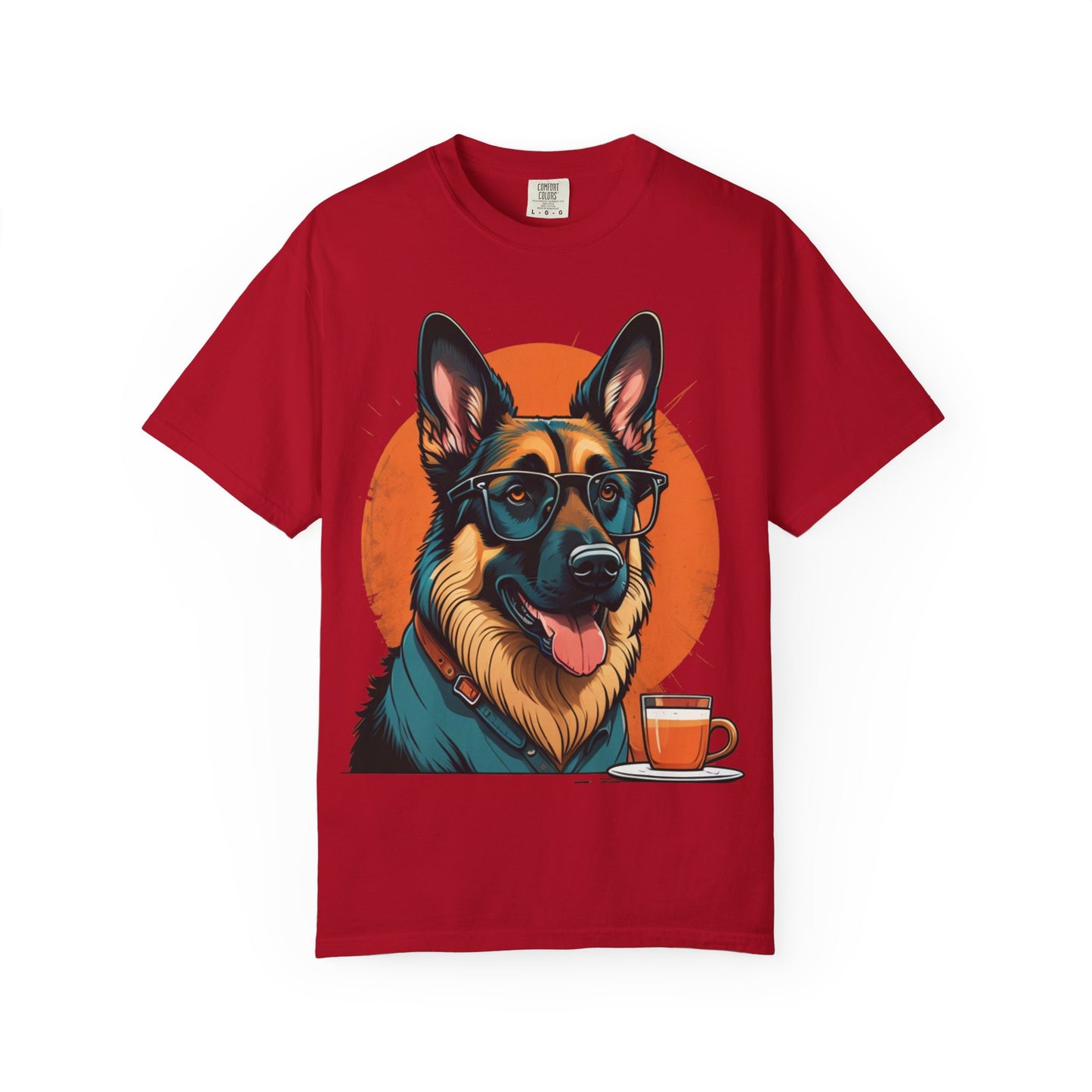 German Shepherd Coffee T-Shirt — Cool Dog Graphic Tee with Sunglasses & Mug