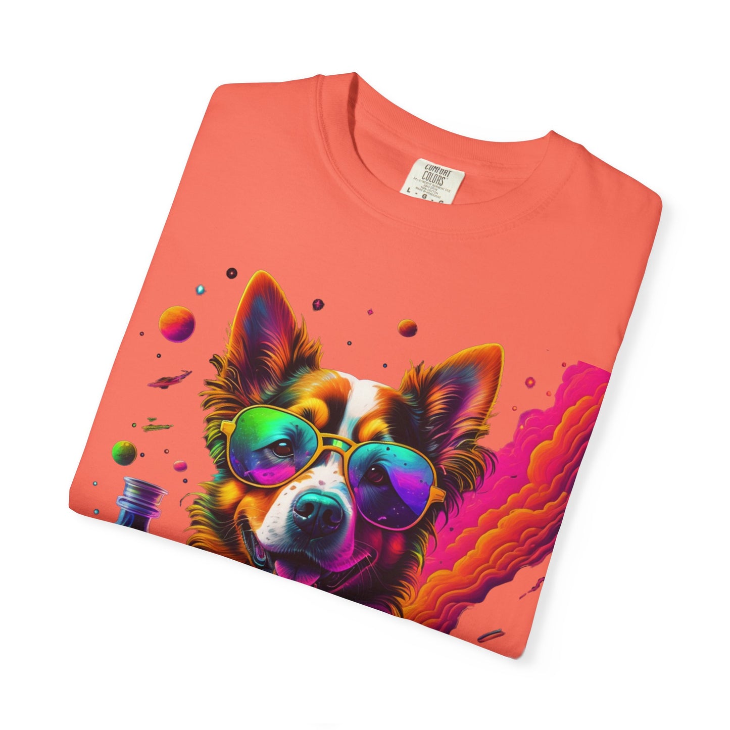 Psychedelic Dog Graphic Tee — Colorful Sunglasses Pup Print